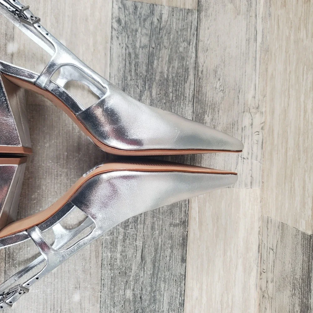 Schutz Blanche Mid Womens Pumps Sz 5 B Block Heel Prata Metallic Slingback Strap